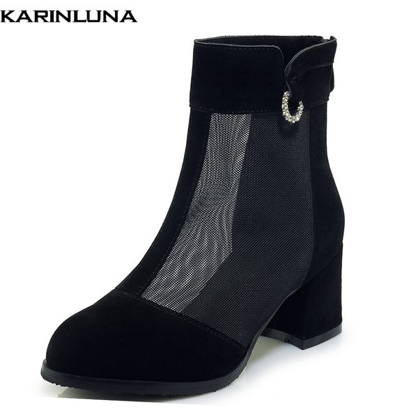 

karinluna brand plus size 33-43 zipper ankle boots female shoes woman air mesh chunky heels fashion summer boots woman shoes, Black