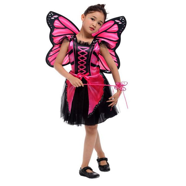 

party halloween butterfly fairy costumes girls kids pink blue elf butterfly princess costume cosplay dress wing, Black;red
