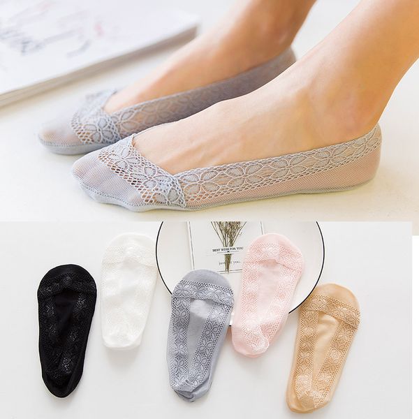 

sock slippers 5 pairs 2019 spring new women invisable sock slippers short solid color lace thin women's boat socks no show women, Black;white