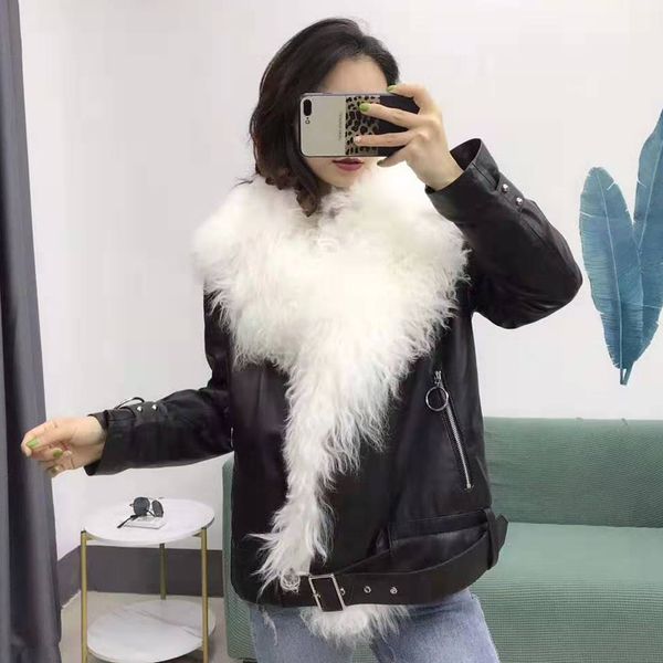 

real sheepskin coat with oversized mongolia sheep fur collar genuine leather jacket duck down filler parka thick warm overcoat, Black