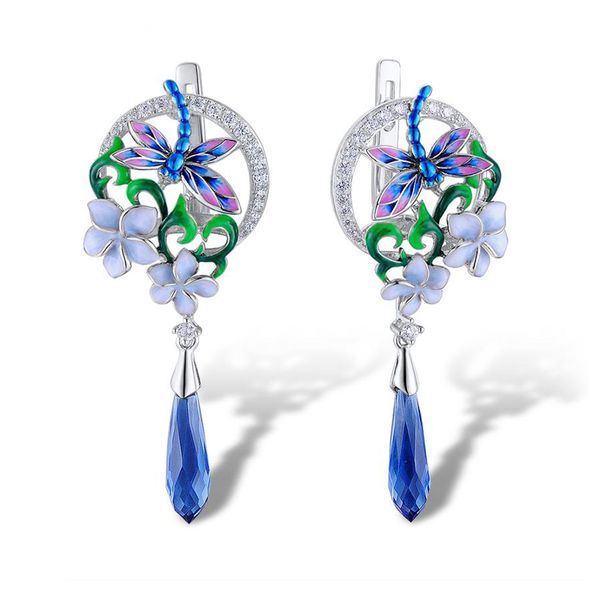 

moonrocy silver color long dangle earrings blue green crystal vintage waterdrop dragonfly for women jewelry dropshipping gift