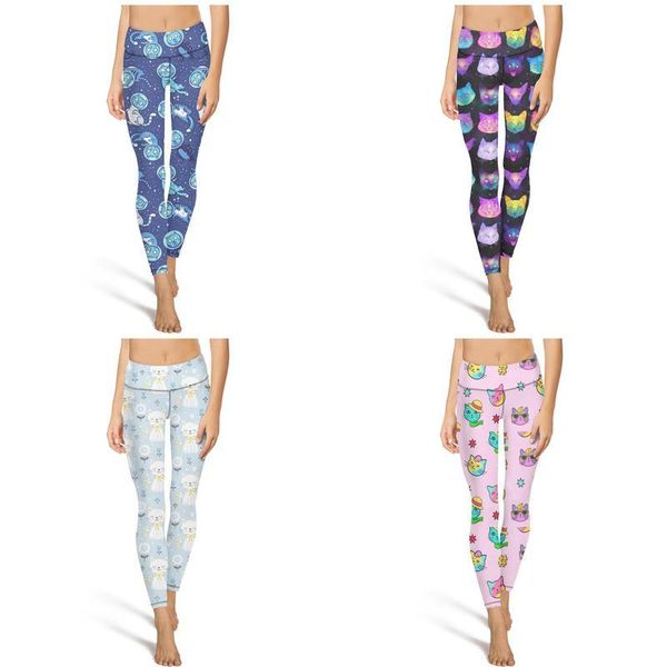 

galaxy cat funny kitty blue fashion women's vintage yoga pants large size casual four-way stretch suitable for training leggings head t, Black