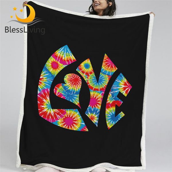 

blessliving love sherpa blanket hippie retro blanket for bed bohemia colorful letters furry tie dye bedding koce 130x150
