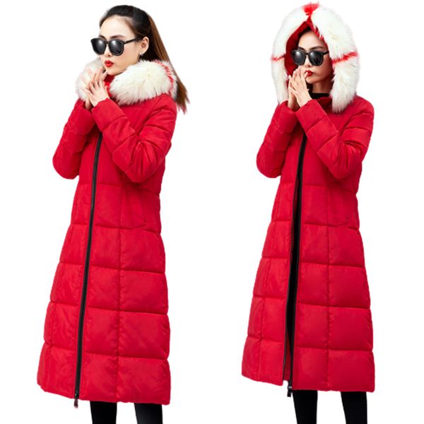 

winter jackets women knee length hooded down jacket with artificial fur collar female thick warm slim padded jacket coat outwear, Black