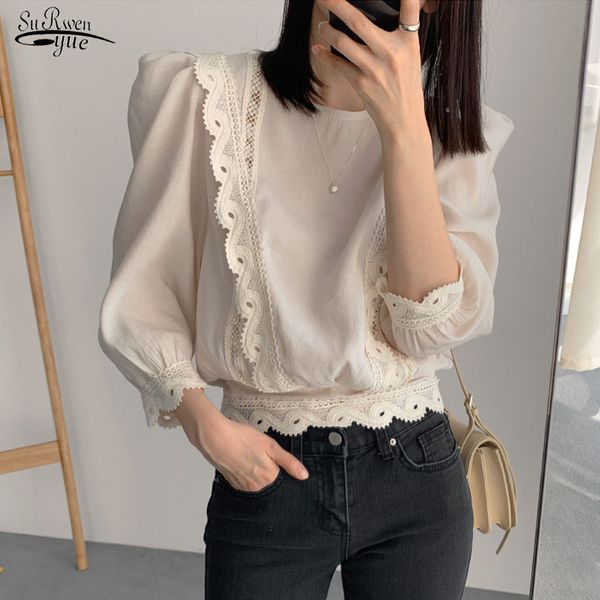 

blusas mujer de moda 2020 весна лето моды с коротким рукавом женщин рубашки женщины блузки и топы slim fit lace белая блузка 9600, White