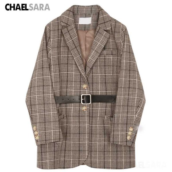 

2020 new vintage plaid blazer jacket women elegant with belt long sleeve office lady suit coat, White;black