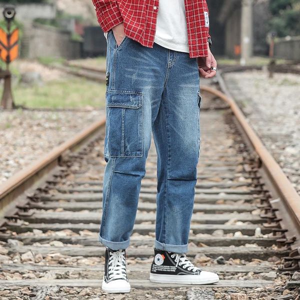 

5xl plus size men workout baggy jeans streetwear casual fashion cargo denim pants loose fit wide leg straight jeans man xxxxxl, Blue