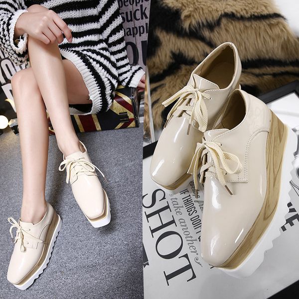 

korean shoes platform square toe female footwear casual sneaker 2020 cross retro new creepers dress pu lace-up leisure, Black