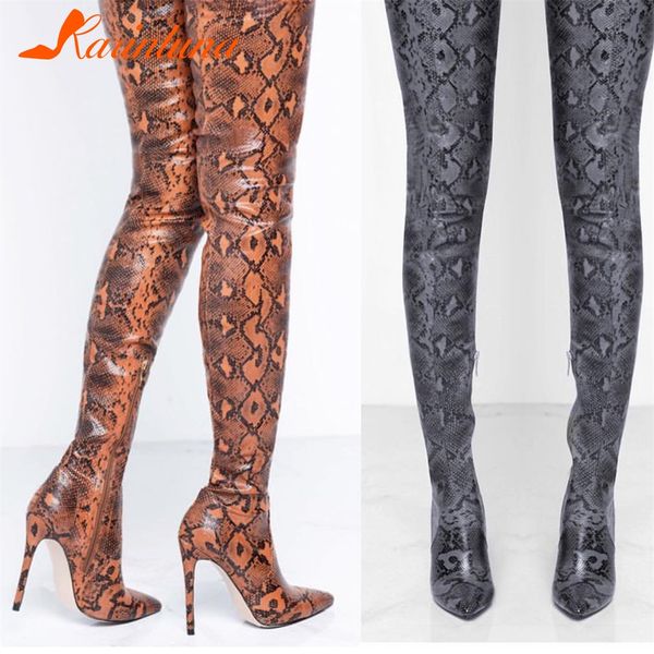 

karinluna thigh high over the knee boots for women shoes snakeskin pointed toe super thin high heels long boots bottine femme, Black