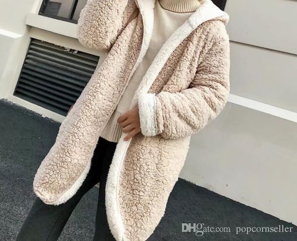 

winter women lamb wool blends fashion designer trendy warm hooded reversible long coats casual women clothing, Black