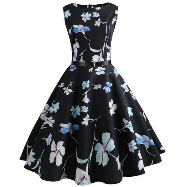

new womens vintage dress ladies floral swing sleeveless belt party a-line dress, Black;gray