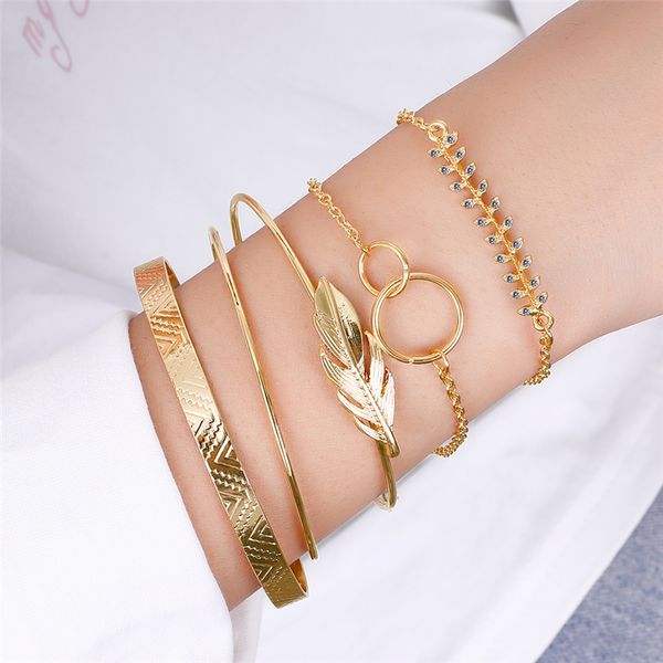 

women girls fashion jewelry gift bracelets set 2019 luxury 4pcs/set gold leaf copper bangle bracelets for party jewelry pulseras, Black