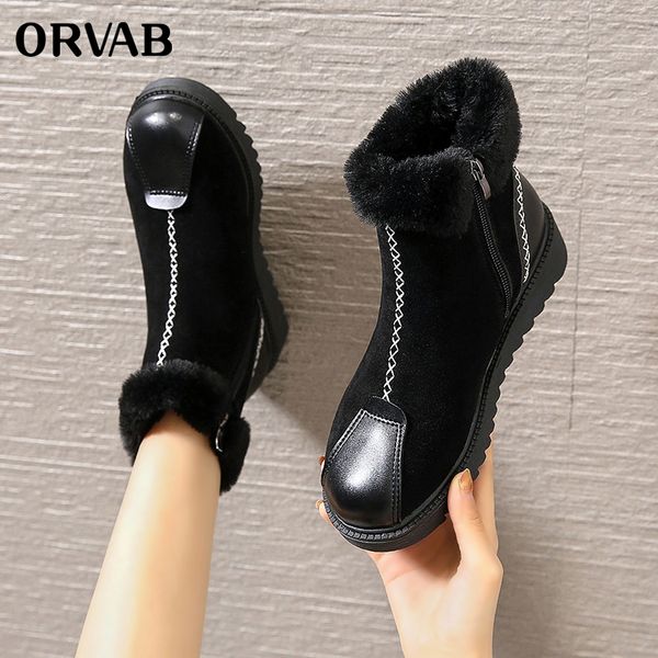 

winter boots warm snow boots suede leather women shoes 2019 plus size wedges non-slip women, Black