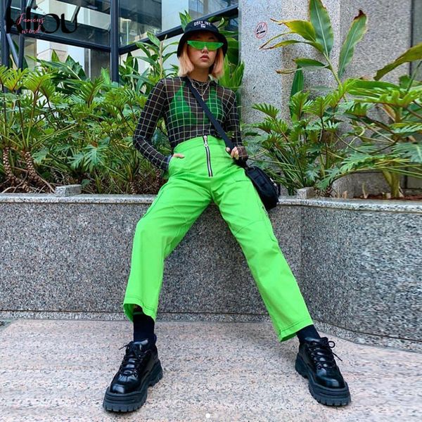 

spring 2019 new green women cargo pants high waist zipper fly workout street fluorescence green pants pockets trousers, Black;white