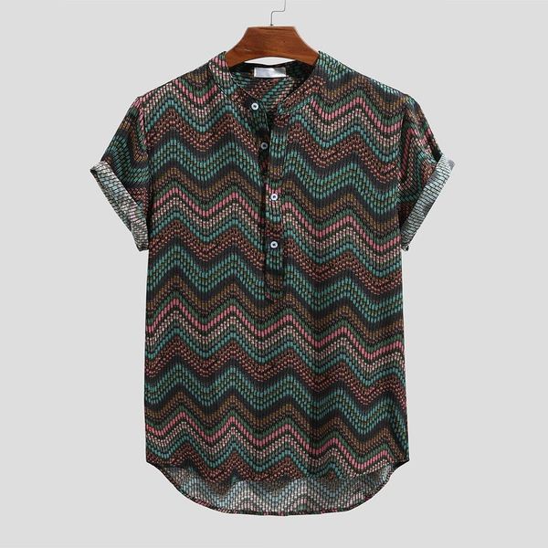 

sifan men's clothing vintage ethnic printed turn down collar short printed fashion stand collar short sleeve loose shirts blouse, White;black