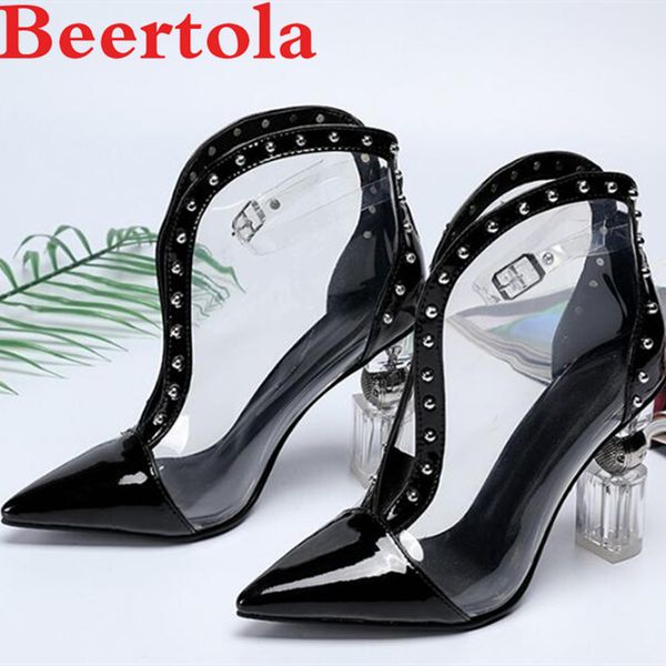 

new transparent pvc women's shoes pointed toe rivets autumn dress shoes for women buckle strange heels metal decor wedding boots, Black