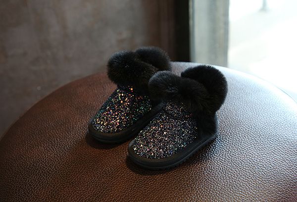 

2019 children's snow boots girls rabbit fur boots baby cotton shoes sequins genuine leather boots, Black