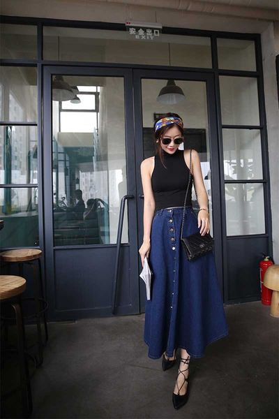 

2019 autumn and winter new women's single-breasted slimming high waist denim long skirt solid color korean skirt big swing skirt umbrel, Black
