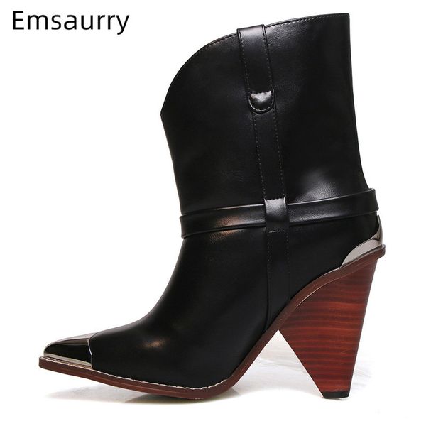 

high cone heels boots women metal pointy toe comfortable slip on party bottes 2020 autumn new coming casual boots woman mujer, Black