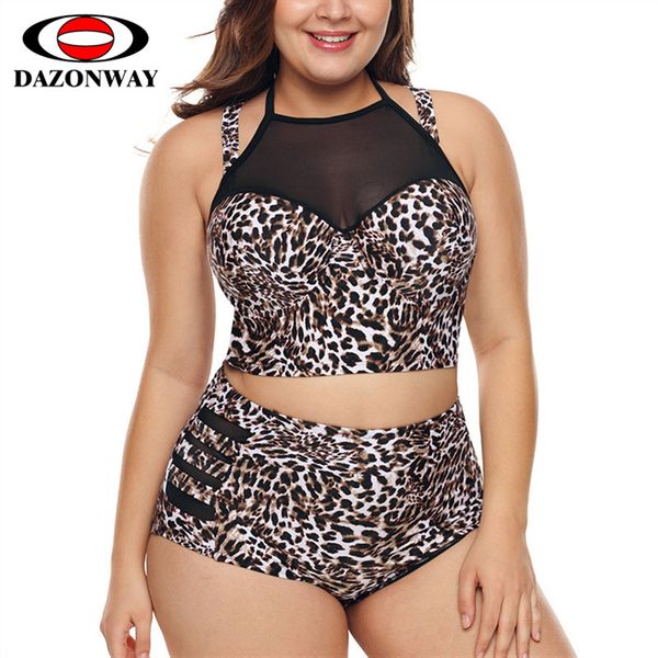 

dazonway plus size swimsuit women's two-piece suit mesh stitching print large size split swimwear split bikini set m~xxxl