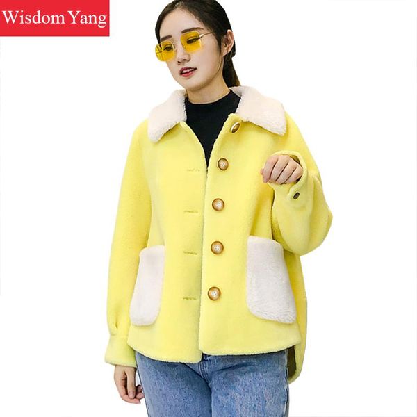 

winter warm real sheep sheared coat wool womens coats short pink oversize cashmere jackets fleece coat woolen overcoat outerwear, Black;brown