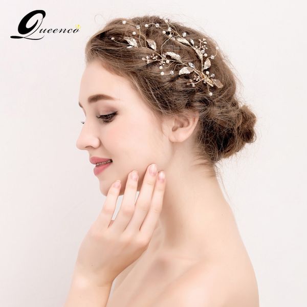 

gold leaves tiara bridal hair clips wedding hair accessories women headdress pearl jewelry women pearl beads headbands, Golden;white