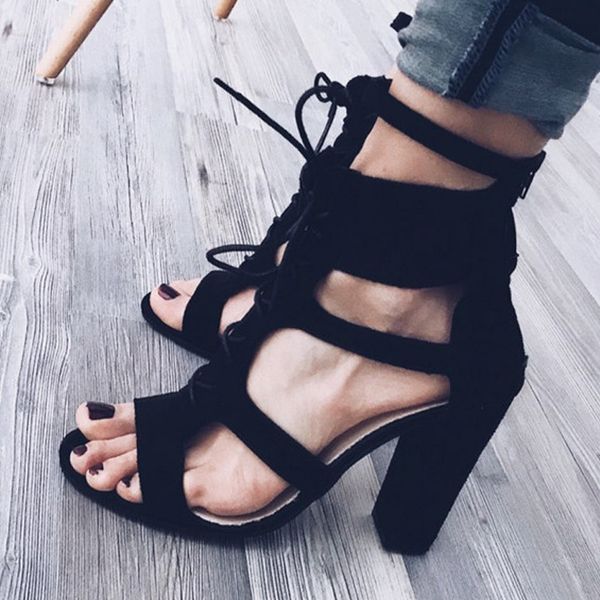 

bandage cross women suede heels women high heels sandals solid .5 cm femme fashion gladiator pumps ankle summer shoes black