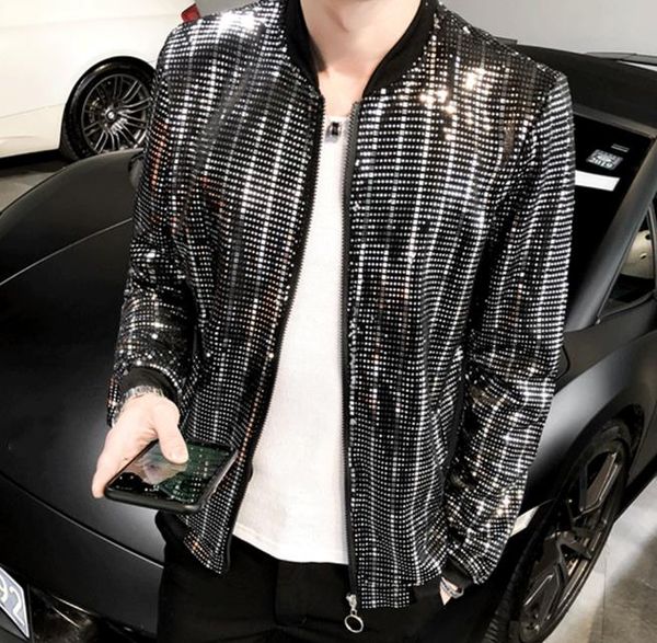 

new fashion men shiny sequins long sleeve zip pocket nightclub singer jacket coat, Black;brown