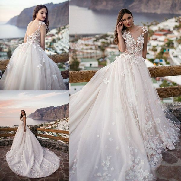 

country 3d floral appliqued wedding dresses cap sleeve lace a line court train wedding dress bridal gowns vestido de novia, White