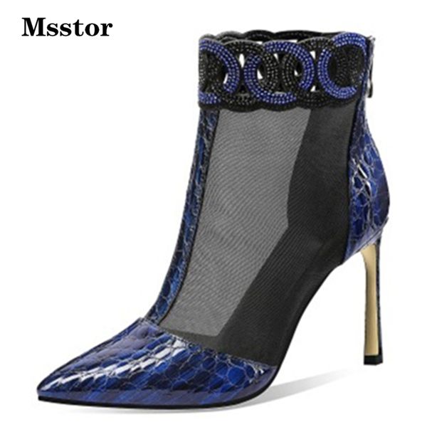 

crystal ladies ankle boots stiletto zipper party autumn spring black boots women pointed toe fashion high heels mesh