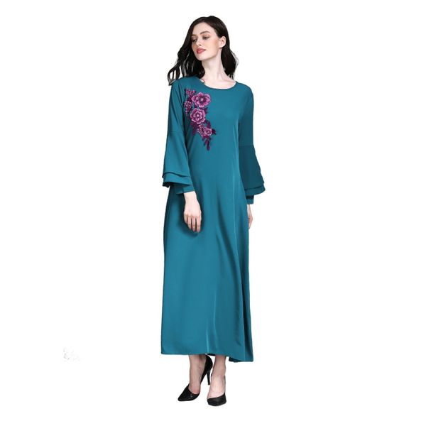 

floral embroidery abaya flare sleeve pink/blue color female full sleeves musilim long dress elegant arabic dress, Red