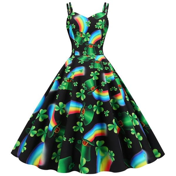 

st. patrick's day women vintage dress shamrock evening print party prom strap big swing dress vestido festa #4s, Black;gray