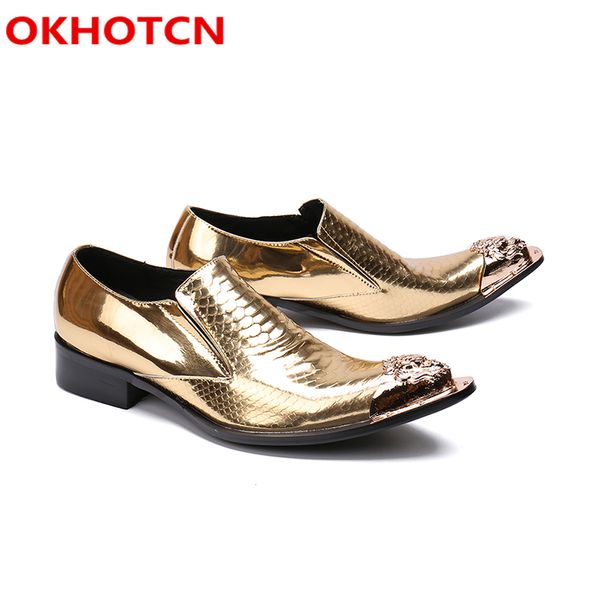

охоткн chaussure homme натуральная кожа мужская обувь скольжения на металлический тотем остроконечные toe обувь золотое платье свадьба делов, Black