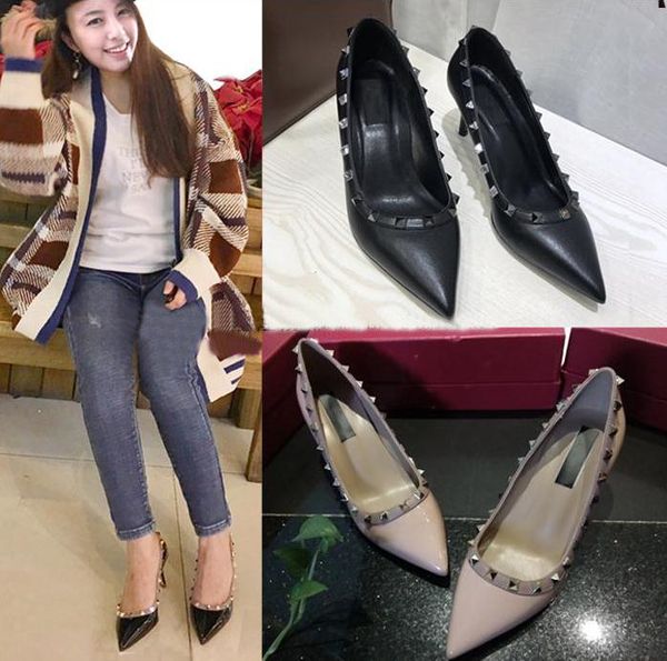 

vshoes 9color sheepskin dress shoes pumps fashion party wedding women 6cm 8cm 10cm high heels genuine leather eu34-41 size with box, Black