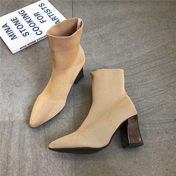 

eoeodoit 8 cm heel retro stylish boots women sock boots knit stretch fabric high silver heel pumps shoes short boot, Black