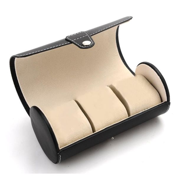 

3 slot pu leather jewelry organizer watch box storage case travel waterproof buckle closure smooth surface practical cylindrical, Black;blue