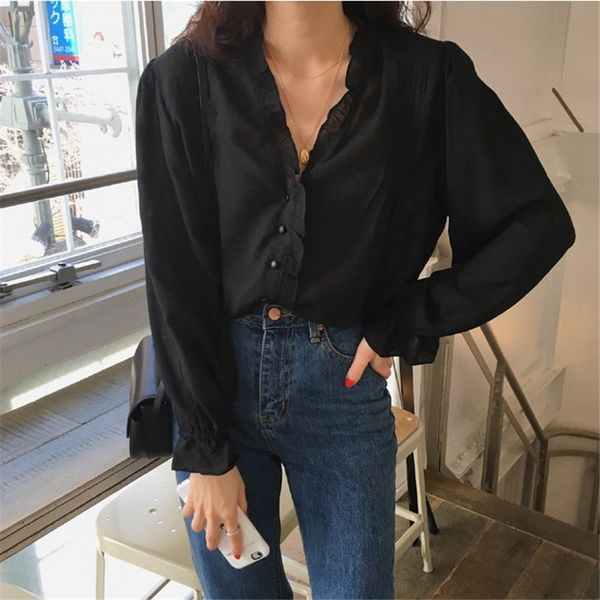 

hzirip minimalist solid 2020 chic streetwear femme blusas camisas mujer ruffles loose basic shirt women vintage blouses, White