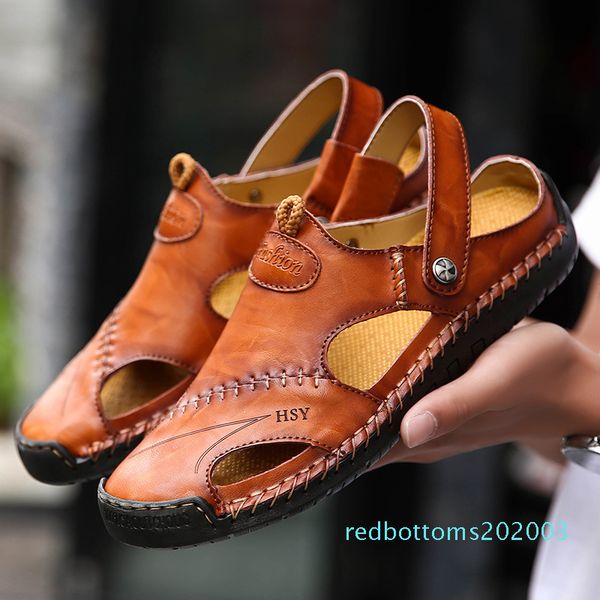 

classic mens sandals summer genuine leather male beach sandals soft comfortable maor beach slippers slip-on man r02, Black