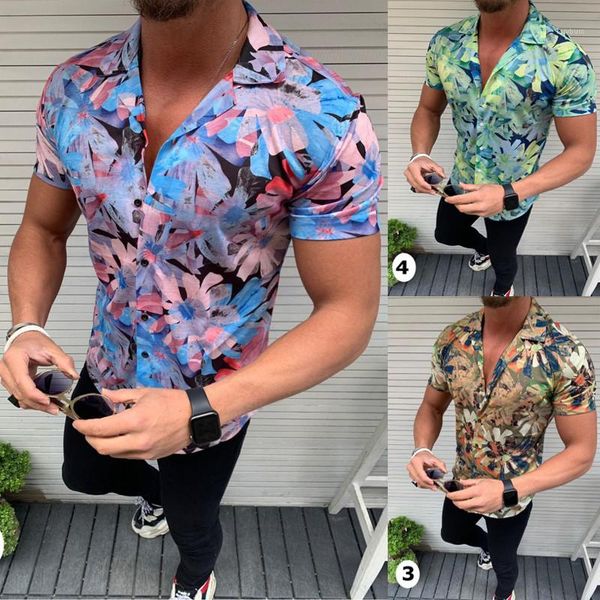 

lapel neck summer shirt homme mens short sleeve flora shirt single breasted slim fit, White;black