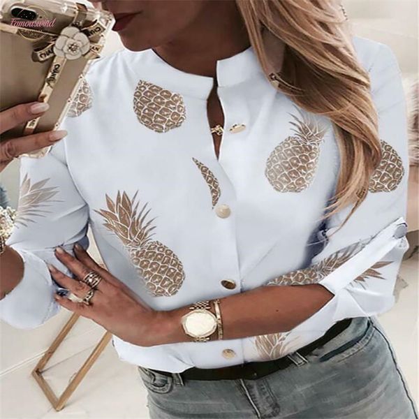 

women pineapple print blouse button shirts women autumn long sleeve leisure womens and blouses basic blusa, White