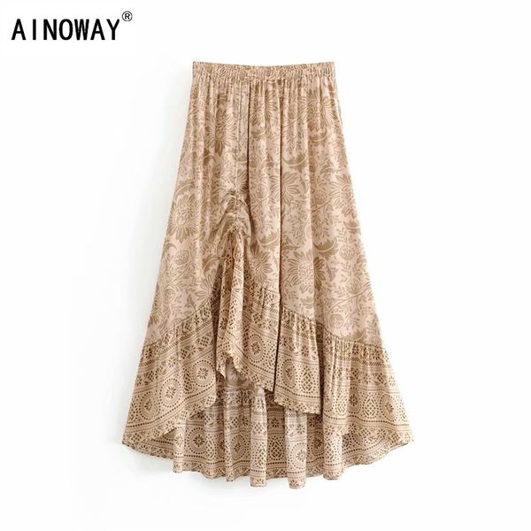 

chic hippie women desert floral printed drawstring elastic waist bohemian maxi skirts ladies rayon asymmetrical boho skirt, Black