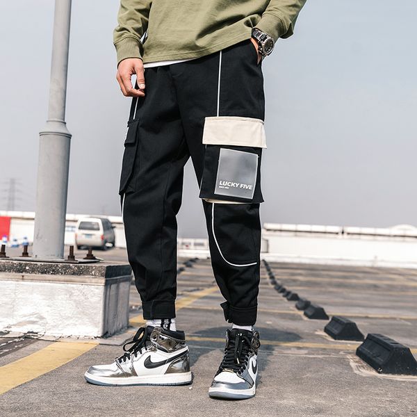 

fashion multi pocket cargo pant loose streetwear joggers 2019 spring casual harem trousers male hip hop men sweatpants overalls, Black