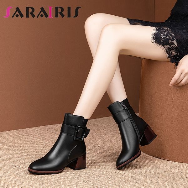 

sarairis new brand 34-42 women's genuine leather ankle boots women elegant party booties lady high chunky heels shoes woman, Black