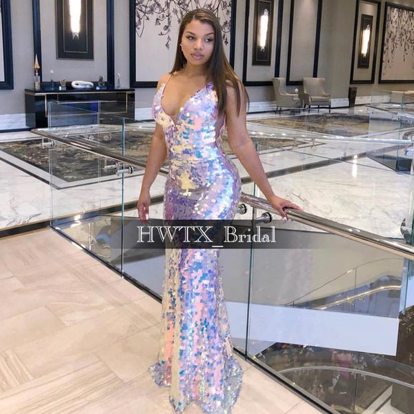 

colorful sequin prom dresses 2020 mermaid v-neck custom plus size african black girls gala prom dress long graduation gowns, White;black