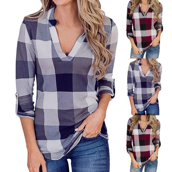 

fashion womens v-neck long sleeves work blouses harajuku plaid print easy blouse vintage shirt streetwear blusen damen, White