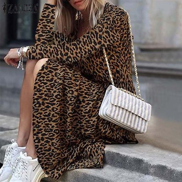 

zanzea plus size women long maxi dress ladies leopard high split vestidos 2019 fashion female long sleeve ruffles dresses, Black;gray