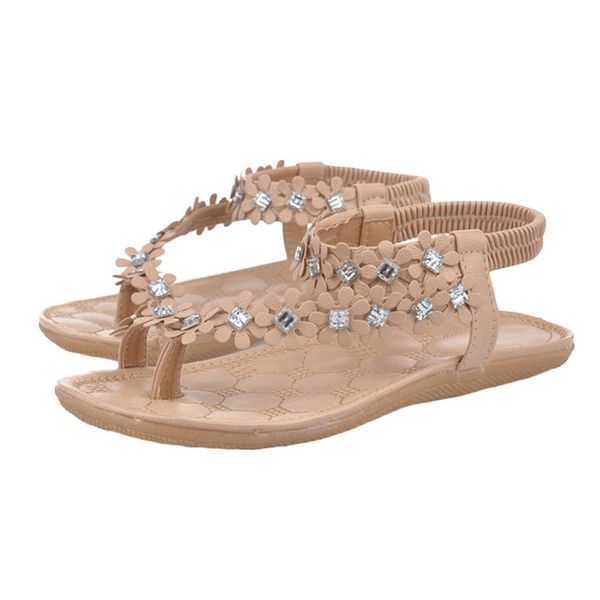 

women summer bohemia flower beads flip-flop shoes flat sandals, Black