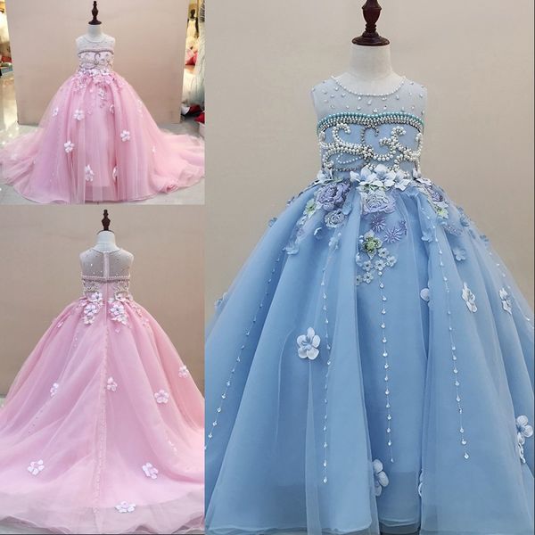 

pink flower girl dresses for wedding custom made new arrival sleeveless and appliques tulle pearls pageant dress, White;blue