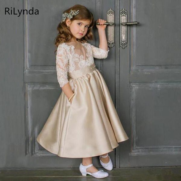 

flower girls dresses sheer neck vintage lace appliques illusion 3/4 sleeves satin ankle length girls formal gown flowergi, Red;yellow