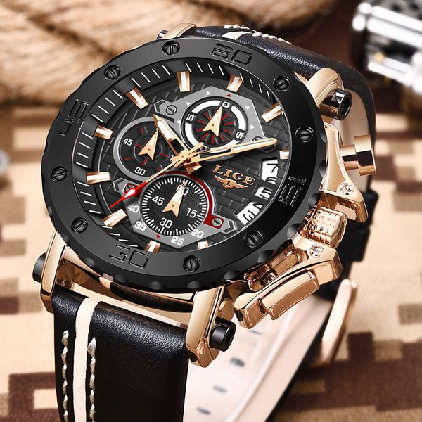 

relogio masculino 2019 new lige sport chronograph mens watches brand casual leather waterproof date quartz watch man clock, Slivery;brown